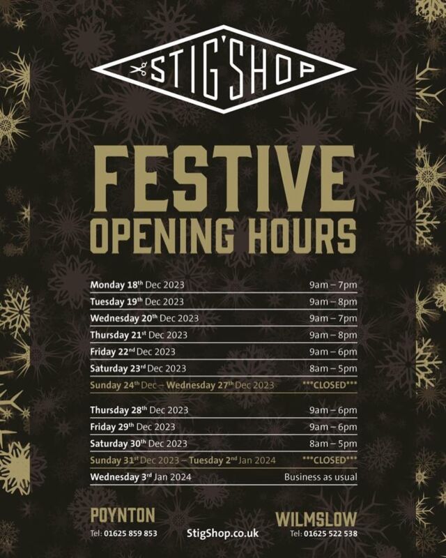 Christmas opening times folks ..Get booked in on bookys or give us a bell to avoid disappointment.
All the best stig and team 👍